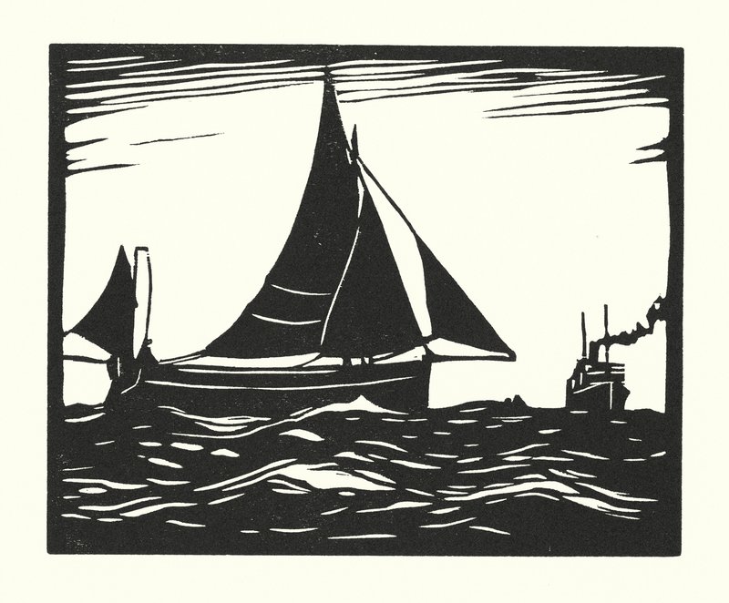 Halászhajók és uszályok: Plymouth Hooker (fametszet) alkotó: Cyril A. Wilkinson