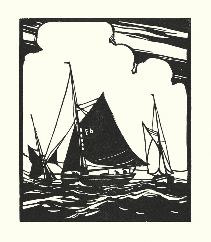 Halászhajók és uszályok: Whitstable Oyster Boat (fametszet) alkotó: Cyril A. Wilkinson