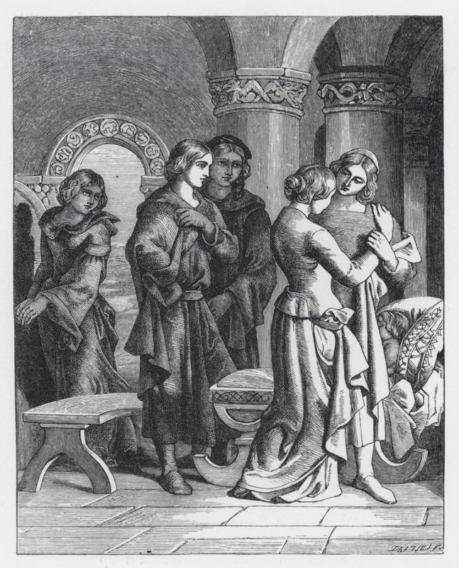 Illusztráció Tennyson A hercegnő című verséhez (metszet) alkotó: Daniel (after) Maclise