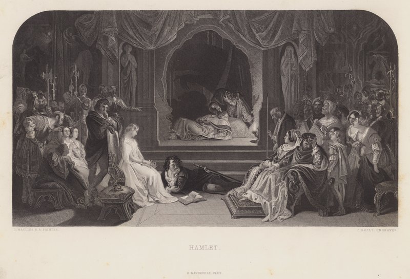 A játék jelenete a Hamletben (metszet) alkotó: Daniel (after) Maclise