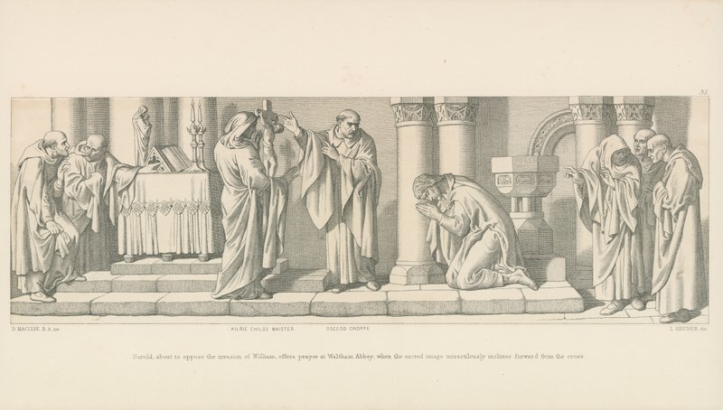 Harold, aki éppen ellenezni készül Vilmos invázióját, imát mond a Waltham Abbeyben, amikor a szent kép csodálatos módon előrehajlik a keresztről. alkotó: Daniel Maclise