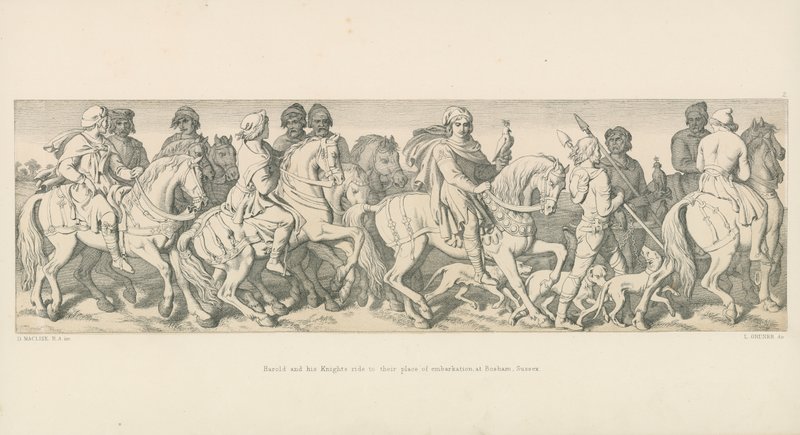 Harold és lovagjai a beszállási helyükre lovagolnak, a sussexi Boshamba alkotó: Daniel Maclise