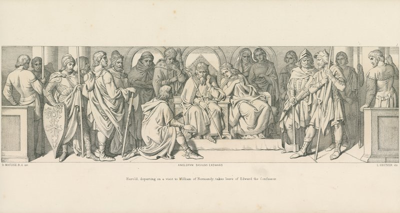 Harold, aki Normandiai Vilmoshoz utazik, búcsút vesz Hitvalló Edwardtól alkotó: Daniel Maclise