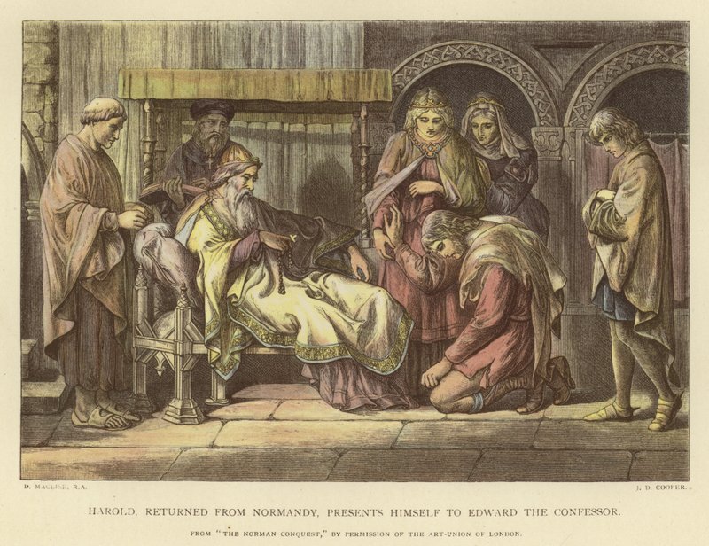 Harold, aki visszatért Normandiából, bemutatkozik Hitvalló Edwardnak alkotó: Daniel Maclise