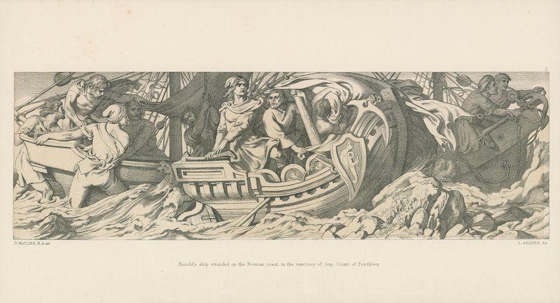 Harold hajója megfeneklett a Norman parton, Guy, Ponthieu grófjának területén alkotó: Daniel Maclise