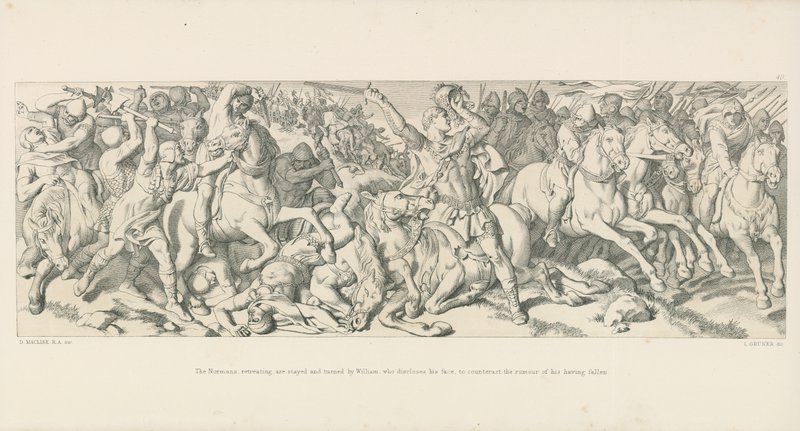 A visszavonuló normannokat megállítja és megfordítja William, aki felfedi az arcát, hogy ellensúlyozza a bukása pletykáját. alkotó: Daniel Maclise