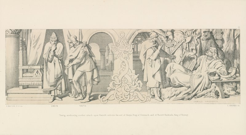 Tostig egy újabb Harold elleni támadásról meditál, Sweyn dán király és Harold Hardrada norvég király segítségét kéri alkotó: Daniel Maclise