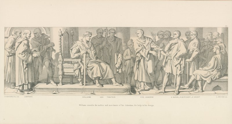Vilmos konzultál hercegsége nemeseivel és kereskedőivel, hogy segítséget kérjen a tervezéshez alkotó: Daniel Maclise