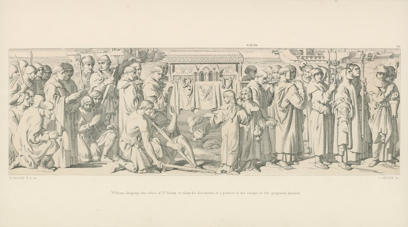 Vilmos, Szent Valéria ereklyéit mutatja be, hogy eloszlassa csapatai egy részének elégedetlenségét a tervezett invázióval kapcsolatban. alkotó: Daniel Maclise