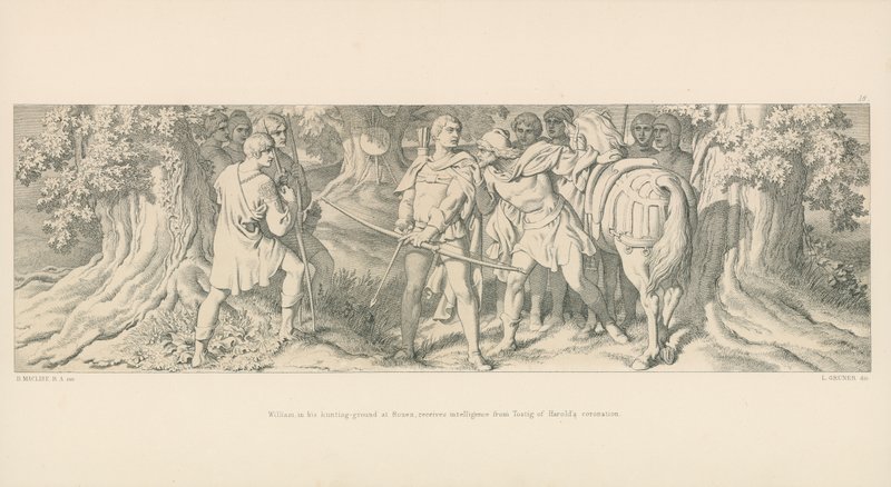 Vilmos a roueni vadászterületén hírszerzést kap Harold koronázásának Tostigtól alkotó: Daniel Maclise