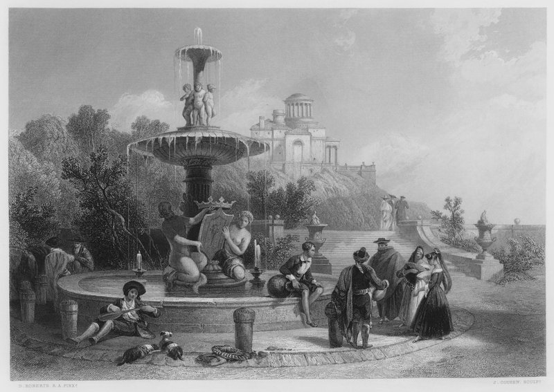 A szökőkút Madridban, a képről a Királyi Gyűjteményben (metszet) alkotó: David (after) Roberts