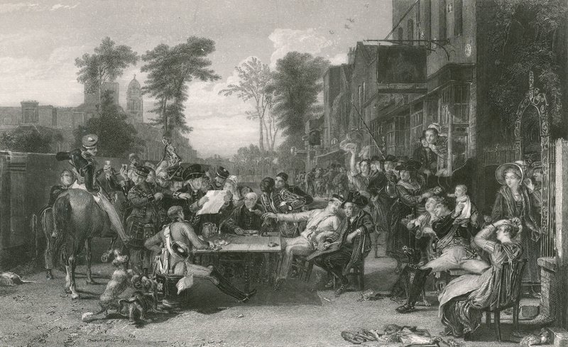 A chelsea-i nyugdíjasok a Waterloo-i csata közlönyét olvassák (metszet) alkotó: David (after) Wilkie