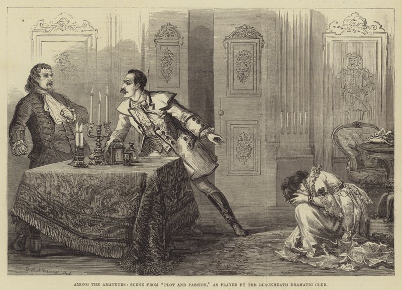 Az amatőrök között, jelenet a Plot és szenvedélyből, a Blackheath Dramatic Club előadásában. alkotó: David Henry Friston