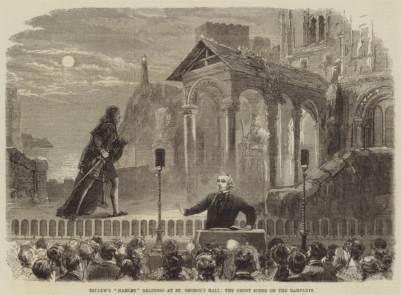 Bellews Hamlet-felolvasás a St Georges Hallban, a szellemjelenet a bástyán alkotó: David Henry Friston
