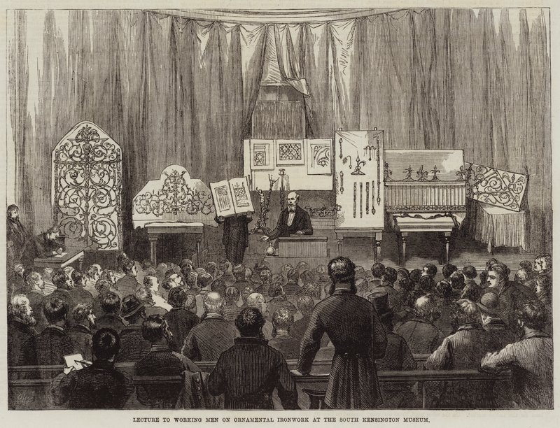 Előadás dolgozó férfiaknak a díszvasmunkákról a South Kensington Múzeumban alkotó: David Henry Friston