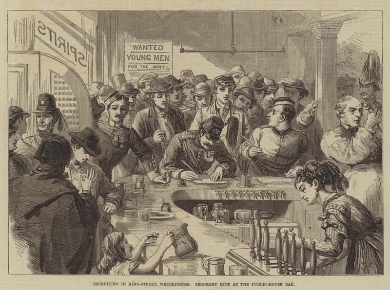 Toborzás a Westminster állambeli King-Streetben, Kite őrmester a Public-House bárban alkotó: David Henry Friston