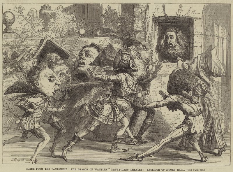 Jelenet a pantomimból, The Dragon of Wantley, Drury-Lane Theatre, Moore Hall külseje alkotó: David Henry Friston