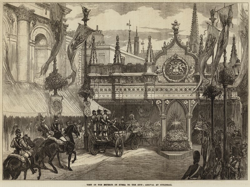 Oroszország császárának látogatása a városban, érkezés a Guildhallba alkotó: David Henry Friston