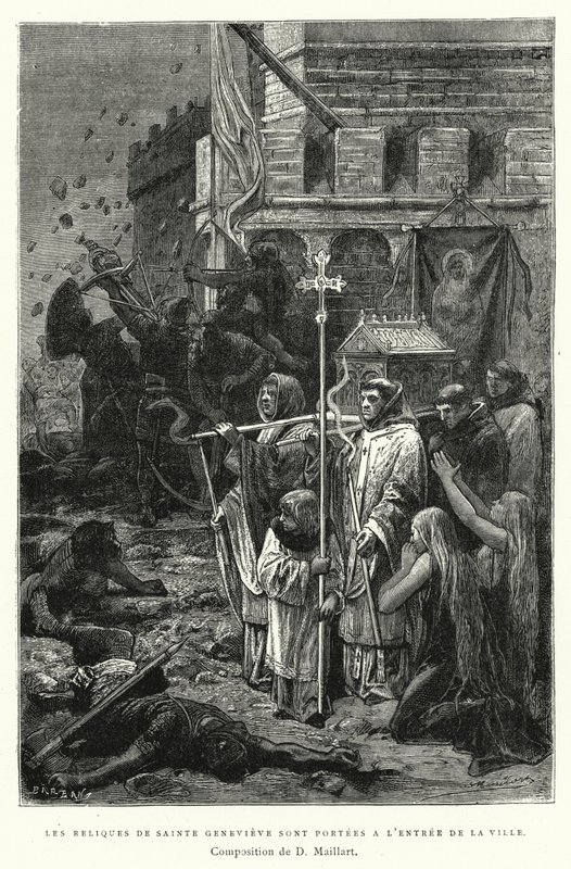 Szent Genevieve ereklyéit viszik a város bejáratánál (metszet) alkotó: Diogene Ulysse Napoleon Maillart