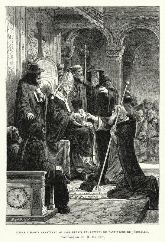 Remete Péter átadja Urbán pápának a jeruzsálemi pátriárka leveleit (metszet) alkotó: Diogene Ulysse Napoleon Maillart