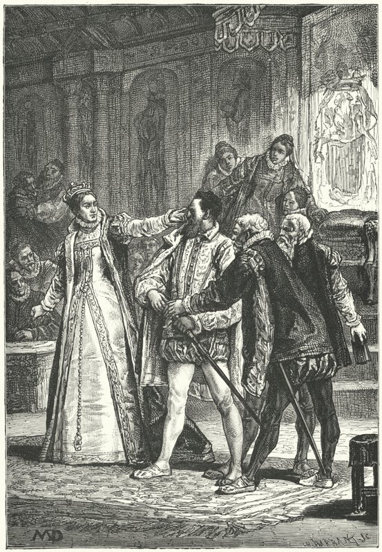 Essex grófja kard rántásával fenyegetőzik, miután I. Erzsébet királynő a füle köré bilincselte szemtelensége miatt, 1598 alkotó: Diogene Ulysse Napoleon Maillart