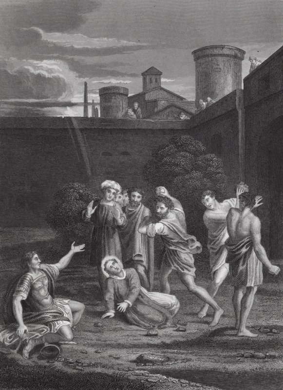 Szent István megkövezése, Apostolok cselekedetei, VII. fejezet, 54. és 60. versek (metszet) alkotó: Domenichino (1581 1641) (after)