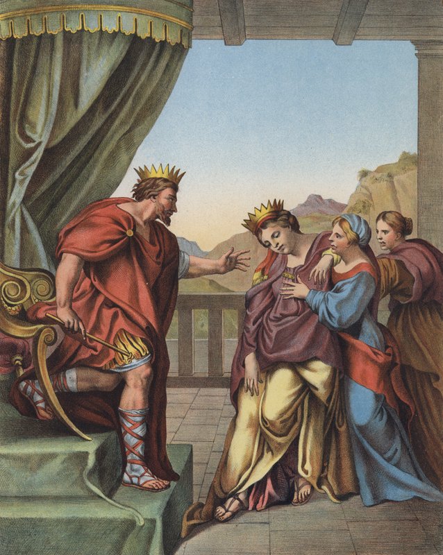 Ahasvérus király megígéri Eszternek, hogy bármit teljesít, amit kér (színes litho) alkotó: Domenichino