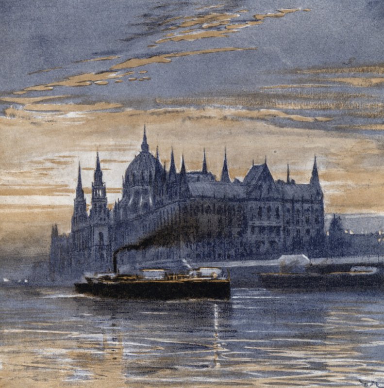 Buda-pest és Országháza (színes litó) alkotó: Donald (after) Maxwell