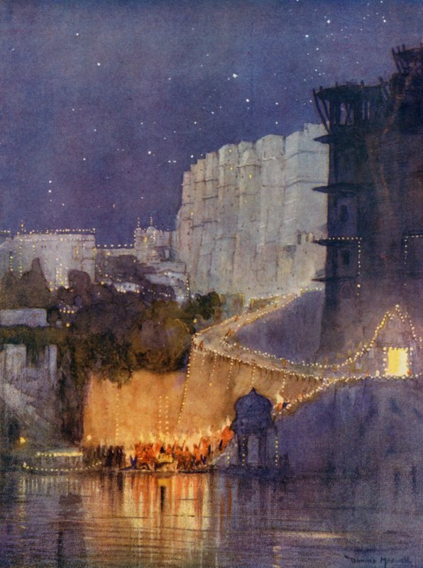 A herceg megérkezik a tóparti palotába, Udaipur (színes litográfia) alkotó: Donald (after) Maxwell