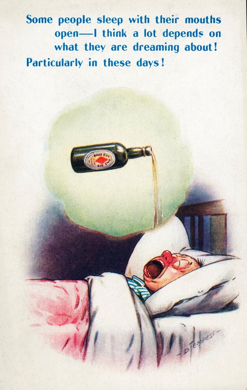 Alkoholizmus: nyitott szájjal alvó férfi, aki sörről álmodik (színes litográfia) alkotó: Douglas Tempest