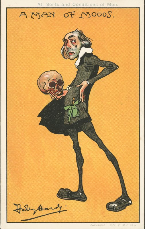 Hangulatok embere: Shakespeare karaktere, Hamlet, Yorick koponyájával (színes litó) alkotó: Dudley Hardy