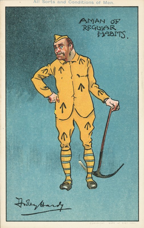 Rendszeres szokásokkal rendelkező férfi: csákányt tartó fogoly (színes litó) alkotó: Dudley Hardy