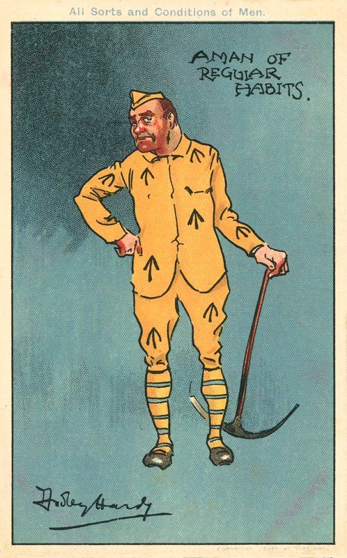 Bűn és büntetés: csákányt tartó fogoly (chromolitho) alkotó: Dudley Hardy