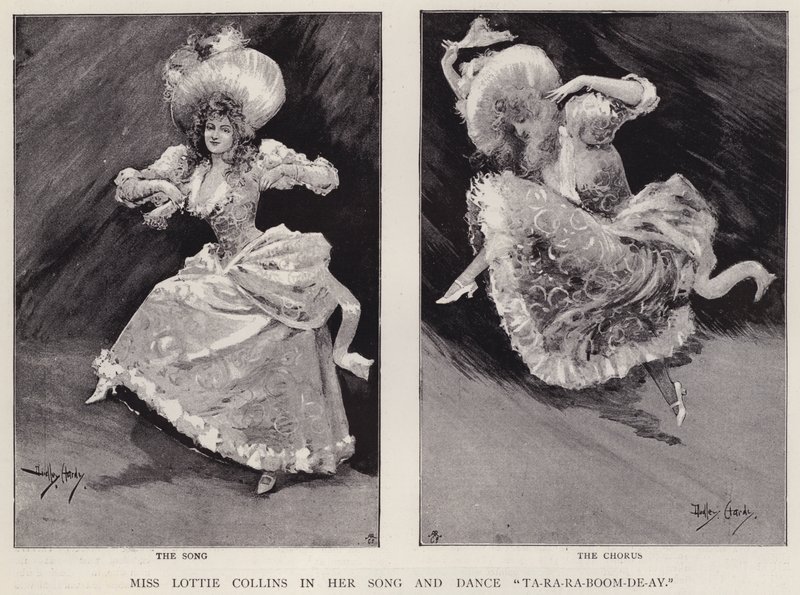 Lottie Collins angol zenei énekes és táncos népszerű Ta-Ra-Ra-Boom-De-Ay (litho) című dalát adja elő alkotó: Dudley Hardy