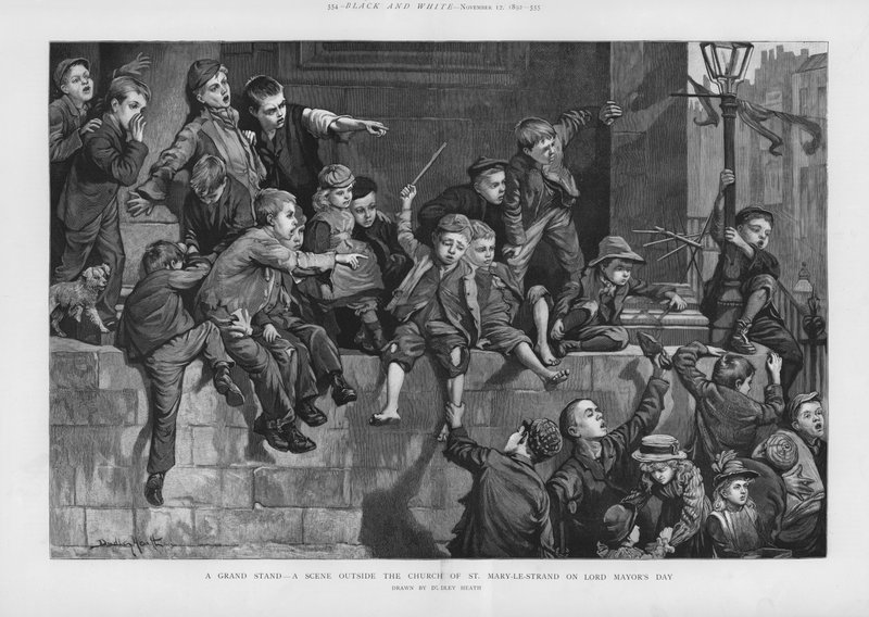 Nagyszabású lelátó – jelenet a londoni St Mary-le-Strand templom előtt, Lord Mayor napján (litho) alkotó: Dudley Heath