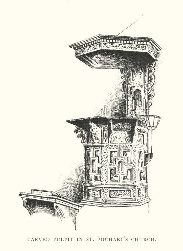 Faragott szószék a Szent Mihály templomban (litográfia) alkotó: Duncan Moul