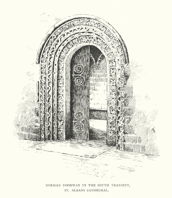Normann ajtó a déli kereszthajóban, St. Albans katedrális (litográfia) alkotó: Duncan Moul