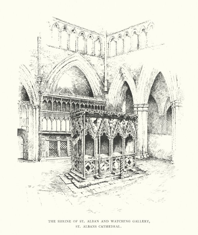 Szent Albán szentélye és a Szent Albans-székesegyház (litográfia) alkotó: Duncan Moul