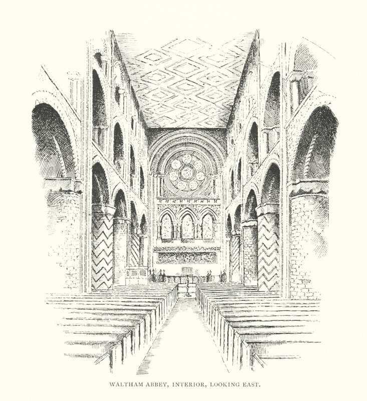 Waltham Abbey, belső tér, kelet felé (litográfia) alkotó: Duncan Moul