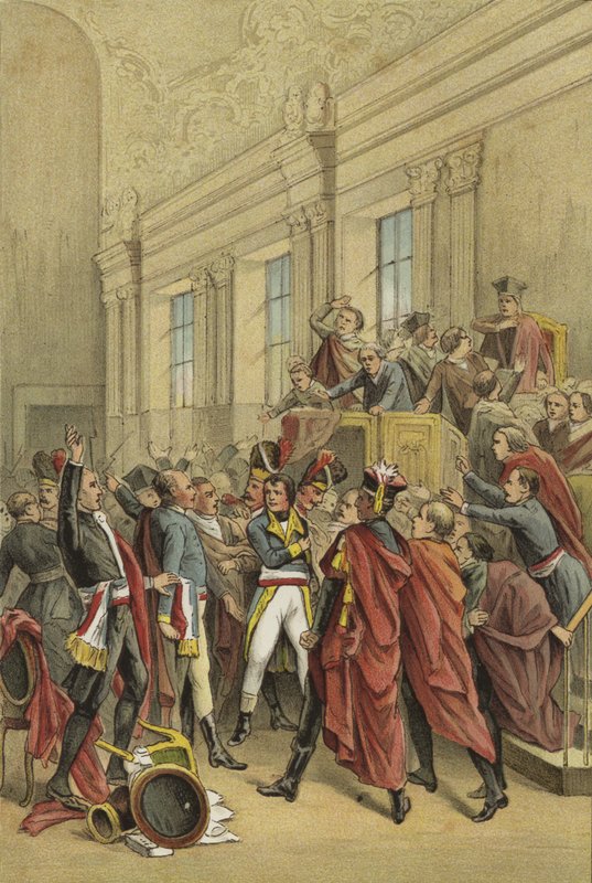 Napóleon kilakoltatja az Ötszázak Tanácsát annak termeiből, Brumaire 18-i puccsa, 1799 alkotó: Dutch School