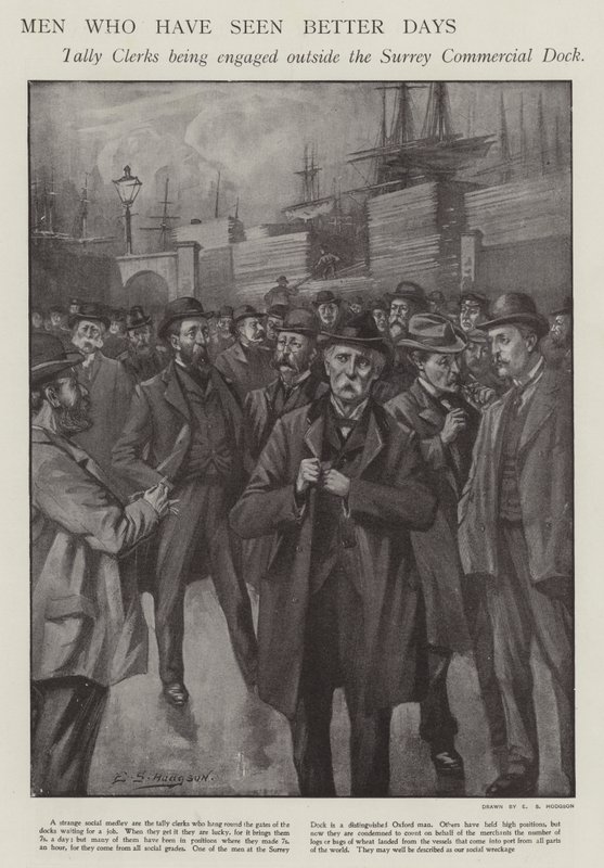 Férfiak, akik láttak már szebb napokat: a londoni Surrey Commercial Dockon kívül eljegyzett hivatalnokok (litho) alkotó: E. S. (after) Hodgson