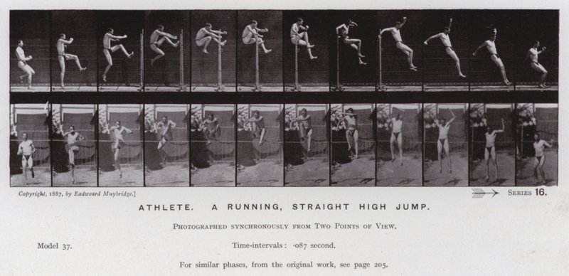 Mozgó emberalak: Sportoló, futó, egyenes magasugrás (f/w fotó) alkotó: Eadweard Muybridge