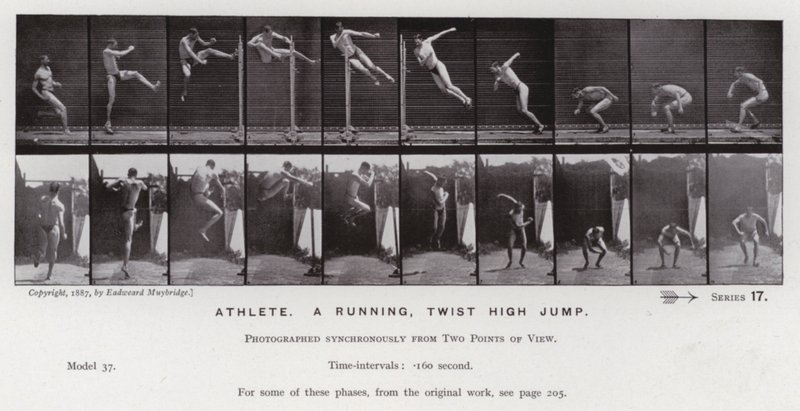 Mozgó emberalak: Sportoló, futó, csavaros magasugrás (f/w fotó) alkotó: Eadweard Muybridge