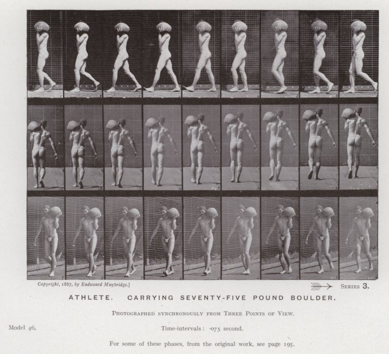 Mozgó emberalak: Sportoló, hetvenöt kilós sziklával (f/w fotó) alkotó: Eadweard Muybridge