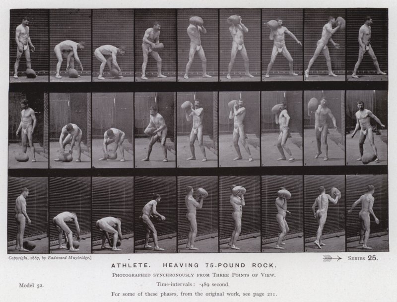 Az emberi alak mozgásban: Sportoló, aki egy 75 kilós sziklát billeget alkotó: Eadweard Muybridge