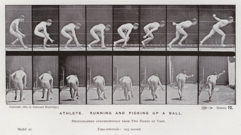 Mozgó emberalak: Sportoló, fut és felvesz egy labdát (f/w fotó) alkotó: Eadweard Muybridge