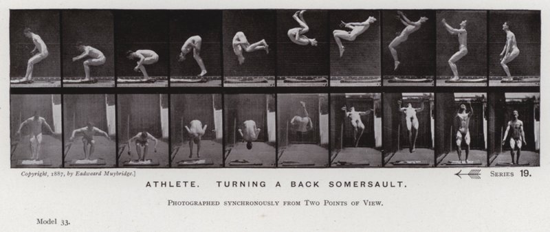 Mozgó emberalak: Sportoló, szaltót hátrafordulva (f/w fotó) alkotó: Eadweard Muybridge