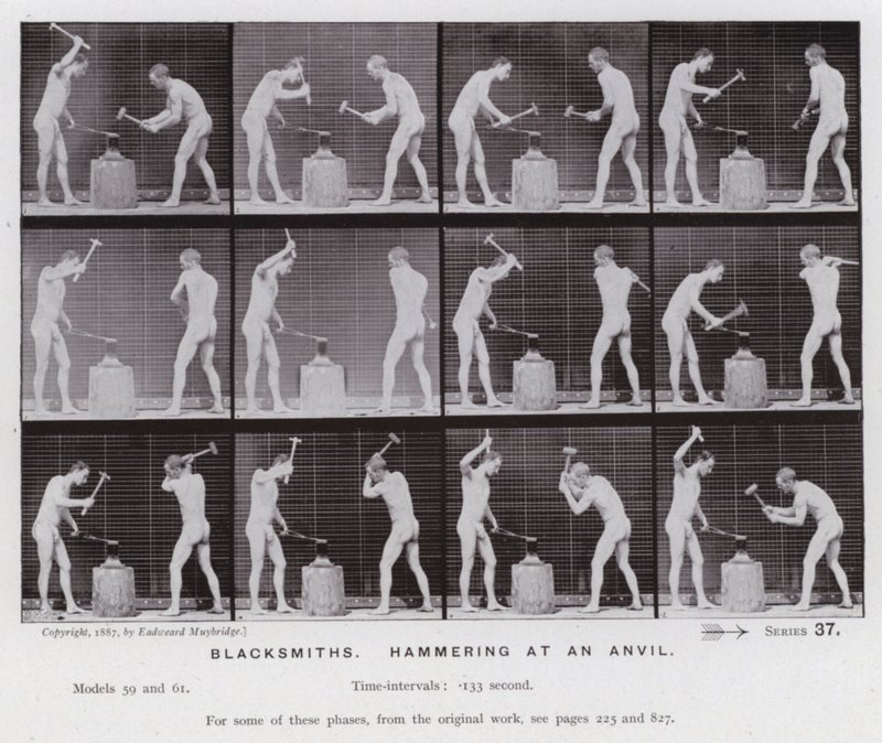 Mozgó emberalak: Kovácsok, kalapálnak egy üllőt (f/w fotó) alkotó: Eadweard Muybridge