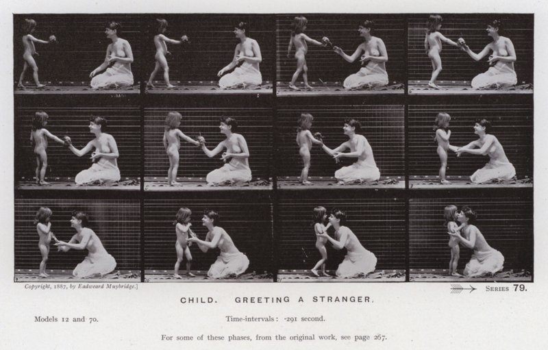 Mozgó emberalak: Gyermek, egy idegent köszön (f/w fotó) alkotó: Eadweard Muybridge