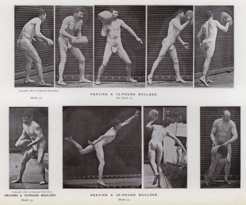 Az emberi alak mozgásban: egy 75 kilós sziklatömb feldobása; 20 kilós sziklatömb felemelése (f/w fotó) alkotó: Eadweard Muybridge